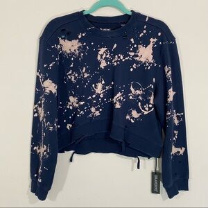 NWT Blank NYC Cropped Washed Navy Bleach Tie Dye Distressed Sweatshirt Medium